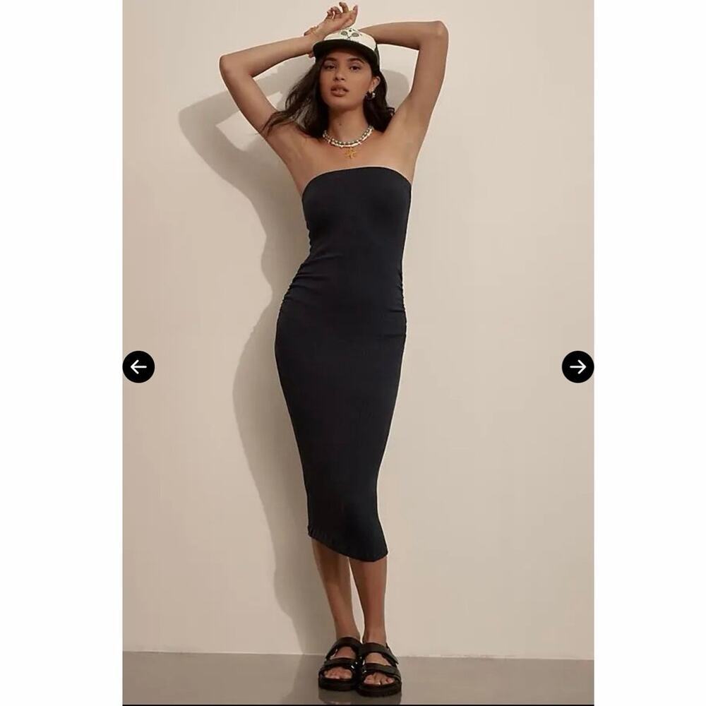 Michael Stars Cobie Strapless Midi Dress M Black Ruched Bodycon Cotton Modal